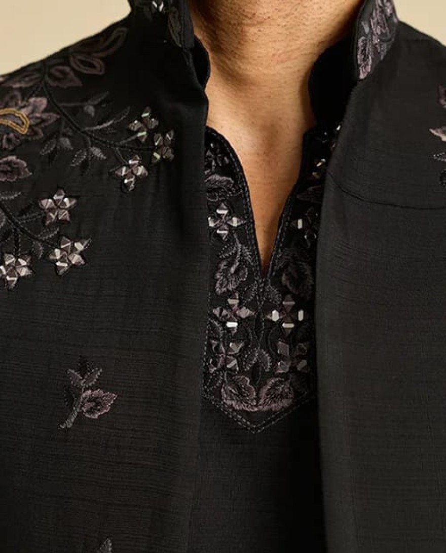 BLACK - Premium Designer Black Mirror Work Koti Kurta Set for Men